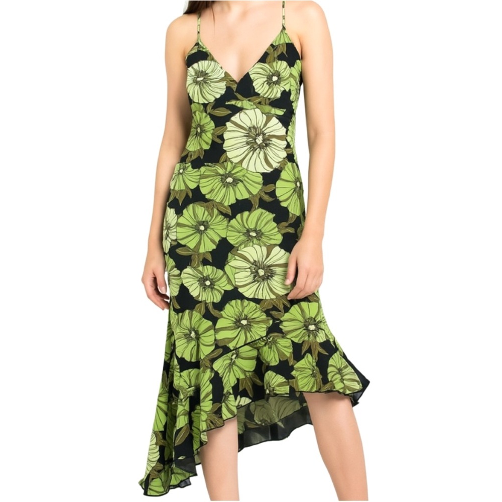 M Collection Green Floral Asymmetrical Ruffle Hem Cami Dress Size M